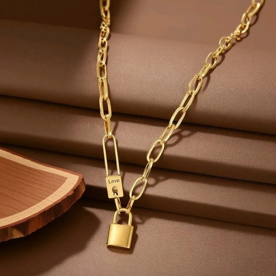 Titanium Steel Heart Pendant Necklace X06133-LOVE Lock Necklace - Gold