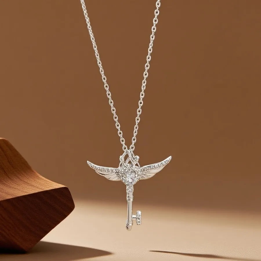 Geometric Titanium Steel Necklace for Women X08310 [Copper Pendant] White Diamond Key - Necklace - Silver