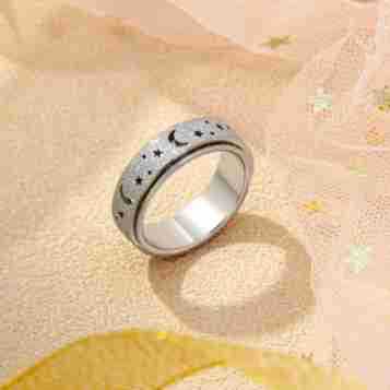 Retro Titanium Steel Geometric Couple Ring Rotating Star and Moon Hollow Steel Color X5
