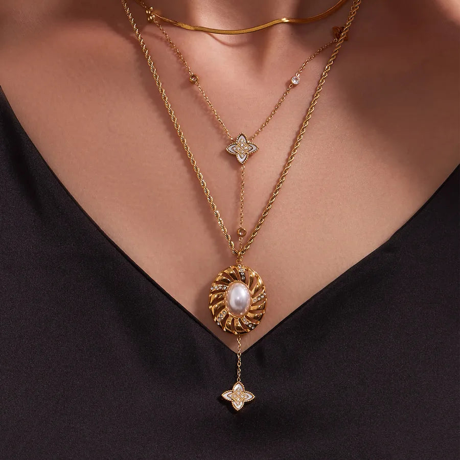 Gold Y Necklace with Zircon & Pearl Accents