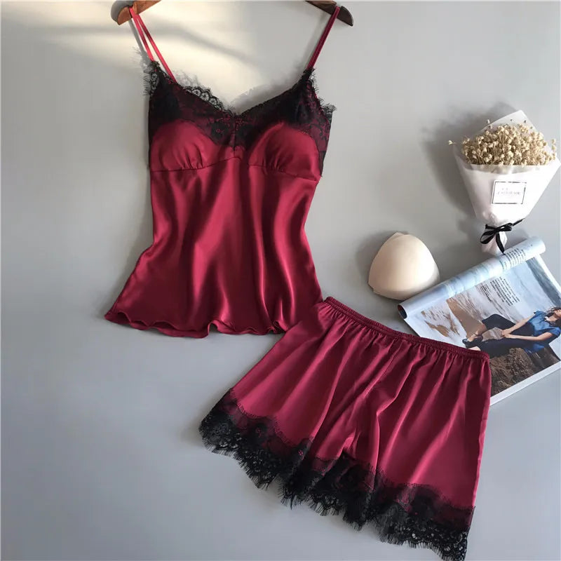 Women's Sexy Ice Silk Lace Pajama Set