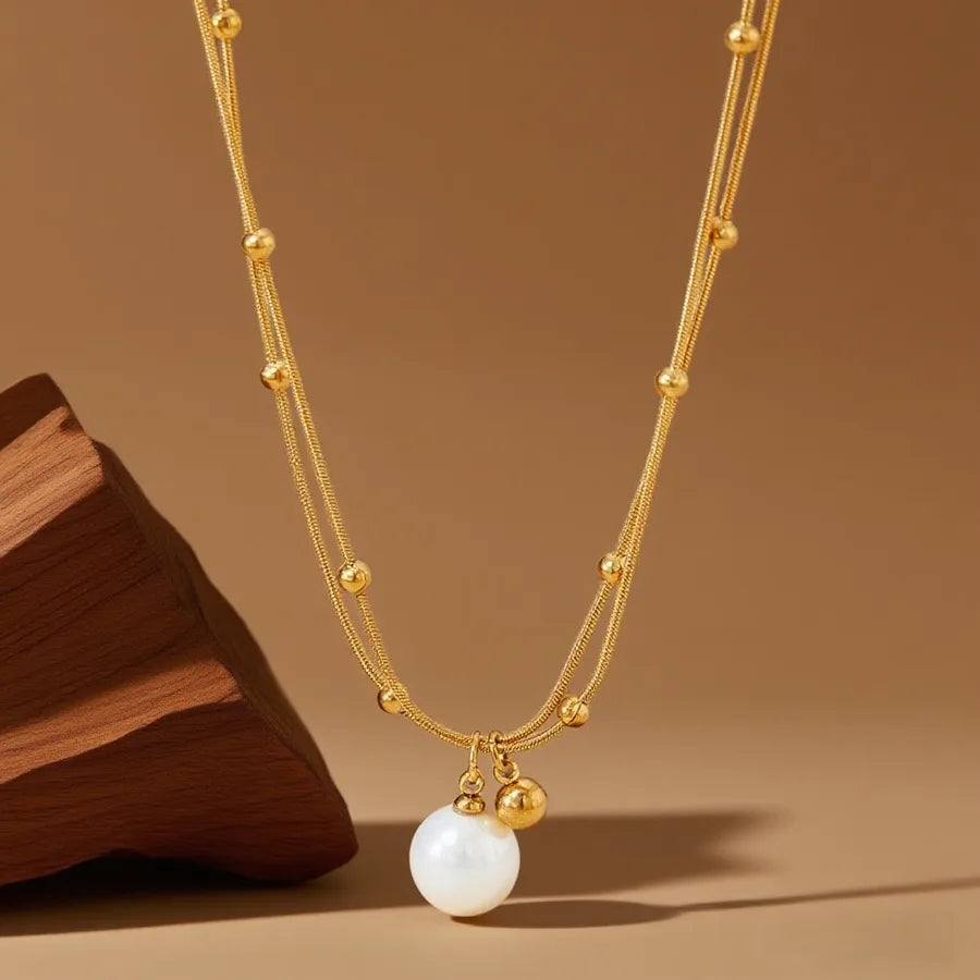 Titanium Steel Heart Pendant Necklace X01259-Pearl Gold Beads-Necklace- Gold