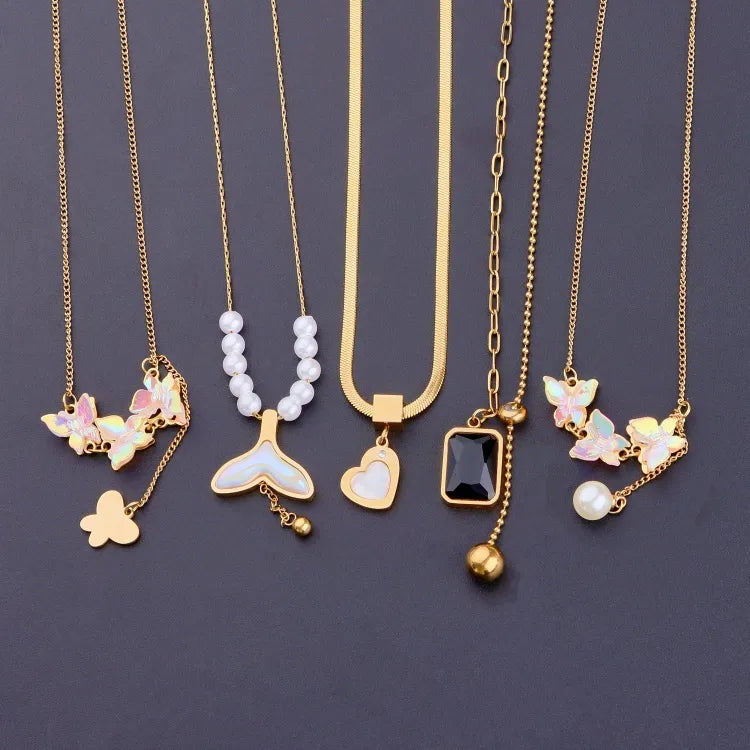 Gold Butterfly Pendant Necklace with Pearl Chain