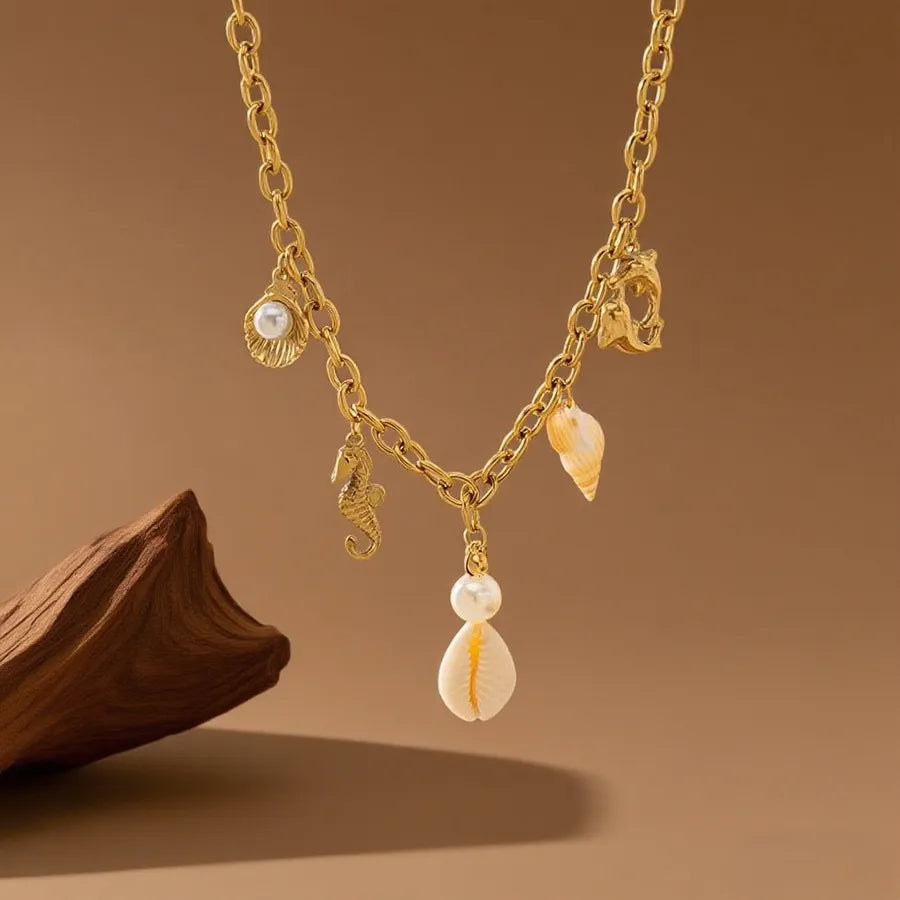 Titanium Steel Starfish Shell Pendant Necklace X01233-Pearl Conch Shell-Necklace- Gold