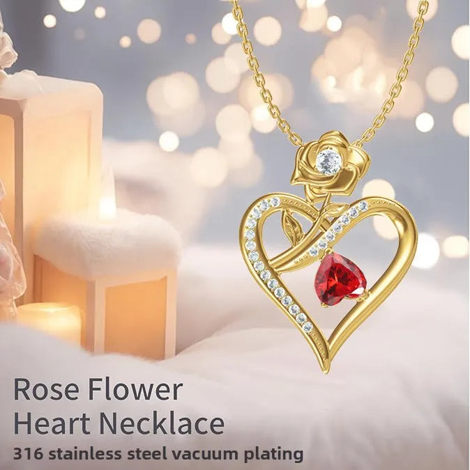 Titanium Steel Heart Necklace with Rose Detail