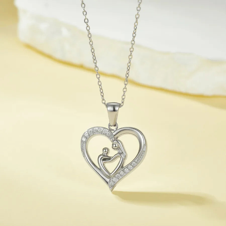 Titanium Steel Heart Necklace with Rose Detail N0452S Steel Color Mother and Child Concentric Style