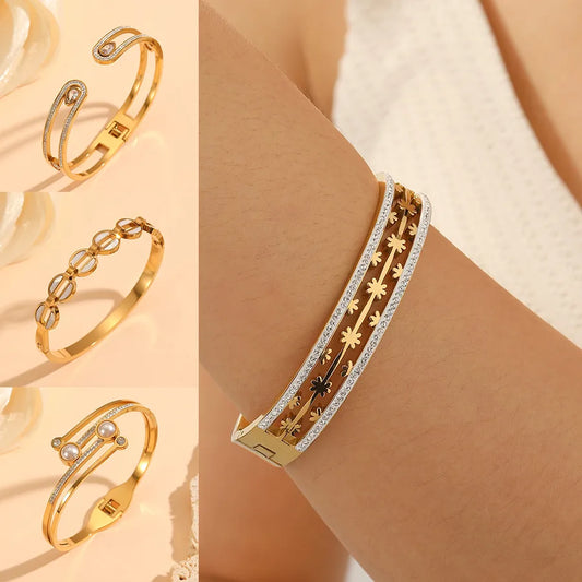 18K Gold PVD Letter & Flower Stainless Steel Bangle