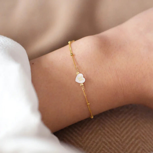Gold Heart Initial Bracelet with Shell Charm