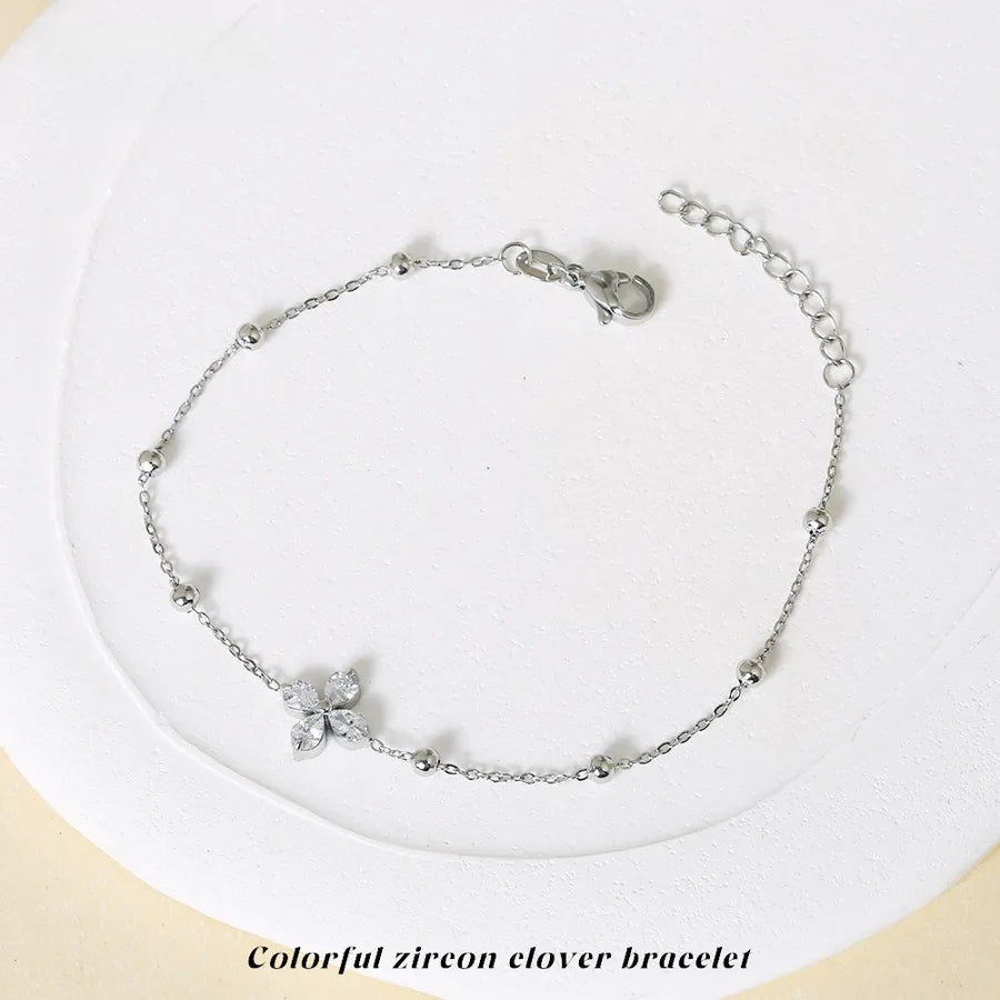 Adjustable Four Leaf Clover Zirconia Bracelet B0048S Steel Color White Diamond Four Leaf Flower Bracelet