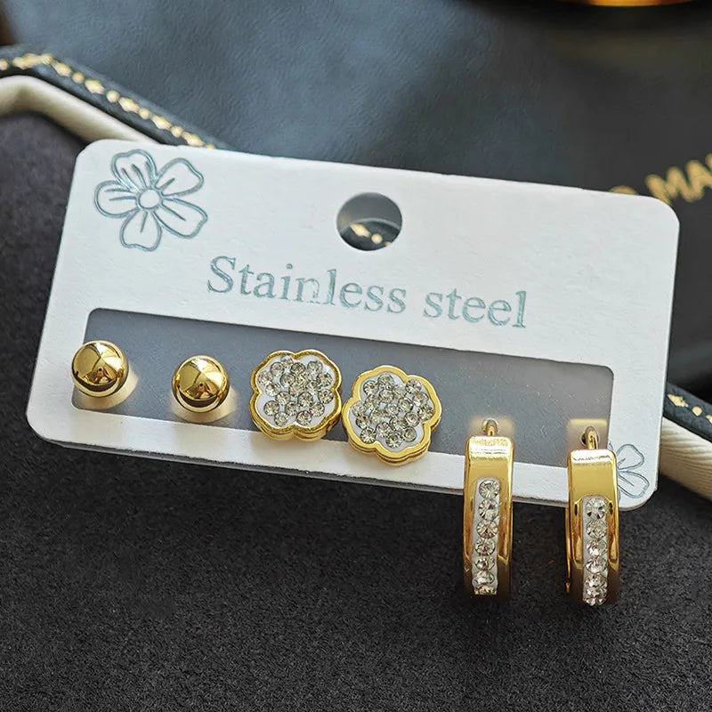 Women's Titanium Star Flower Hoop Earrings Round Bead Lotus Leaf Flower Earrings Set