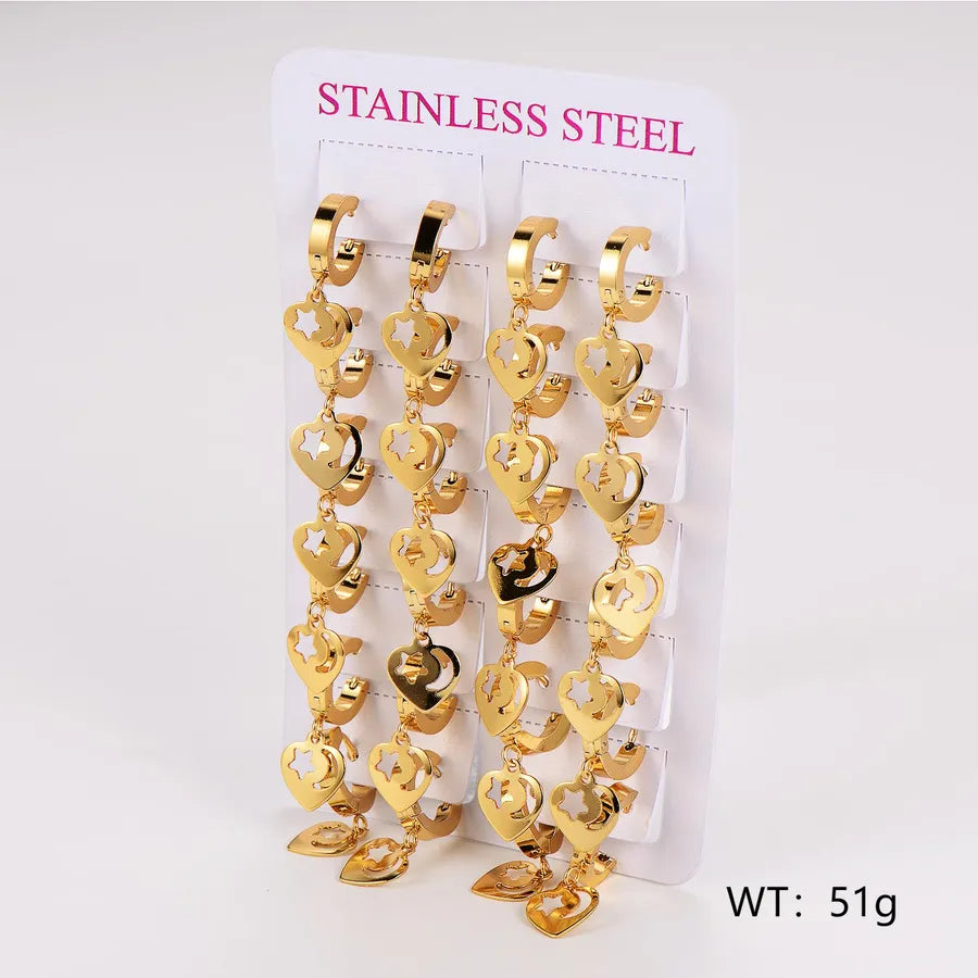 Gold Stainless Steel Star & Heart Ear Cuffs - 12 Pairs Stars and moon
