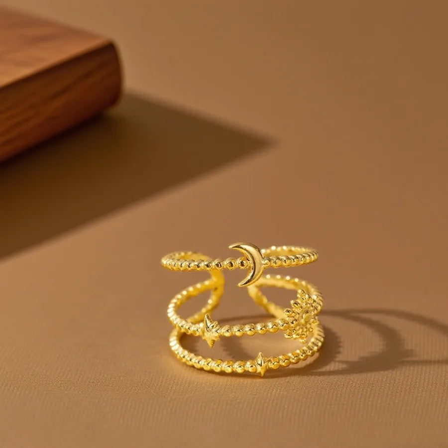 Colorful Titanium Steel Geometric Heart Ring Z0120-Sun Star Moon-Ring- Gold