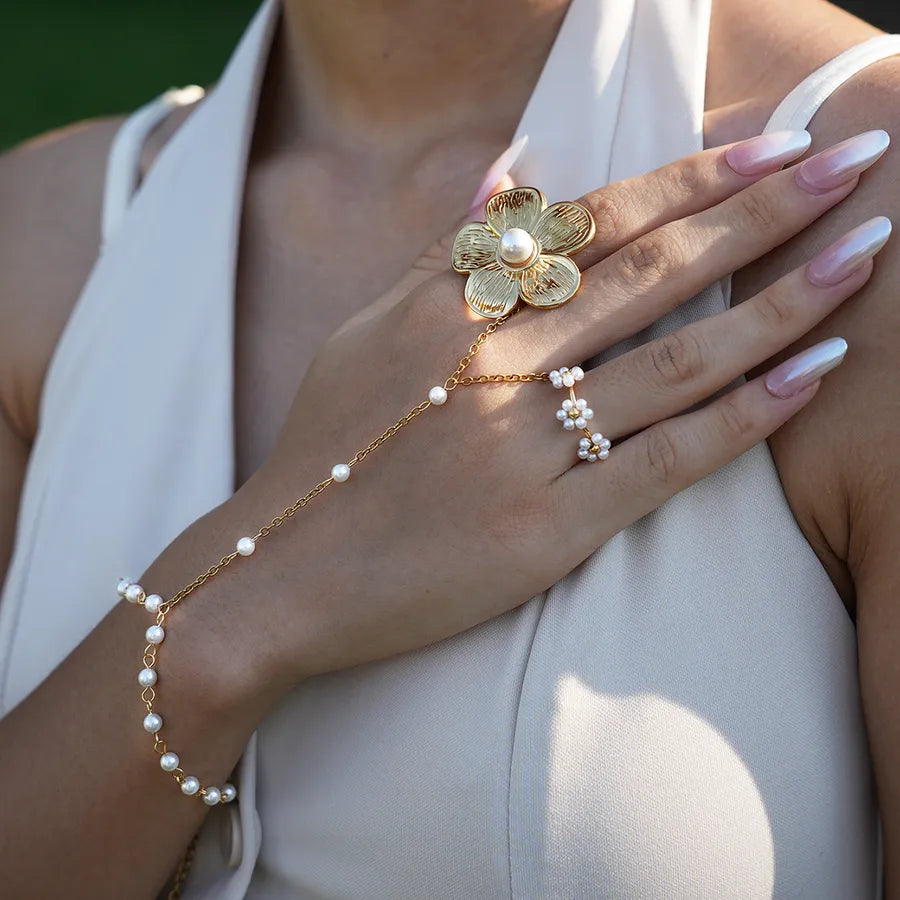 18K Gold Plated Flower Ring with Pearl Inlay