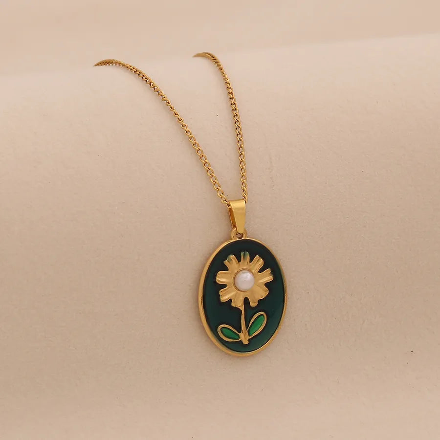 Retro Sunflower Pendant Necklace – Gold Stainless Steel Average Size Gold 1# Green