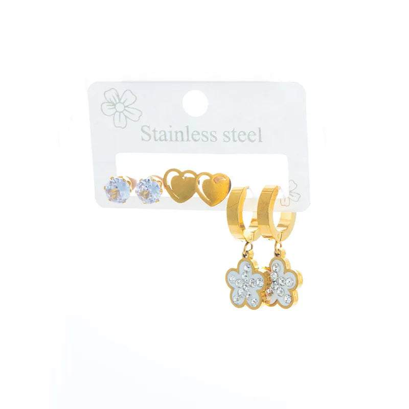 Stainless Steel Heart & Flower Zircon Earrings