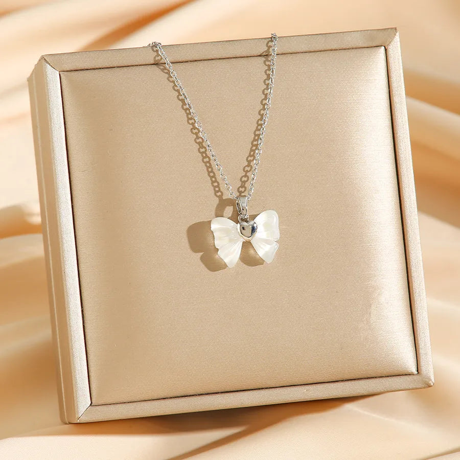 Titanium Steel Butterfly Knot Pendant Necklace 8445 Silver Bowknot