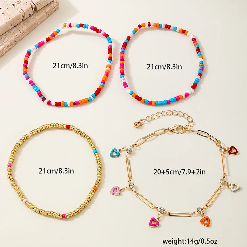 Boho Glass Beaded Heart Tassel Anklet Set