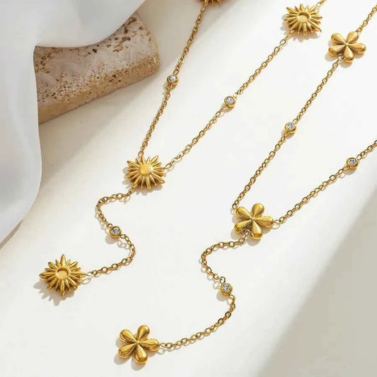 18K Gold Sunflower Zircon Stainless Steel Necklace