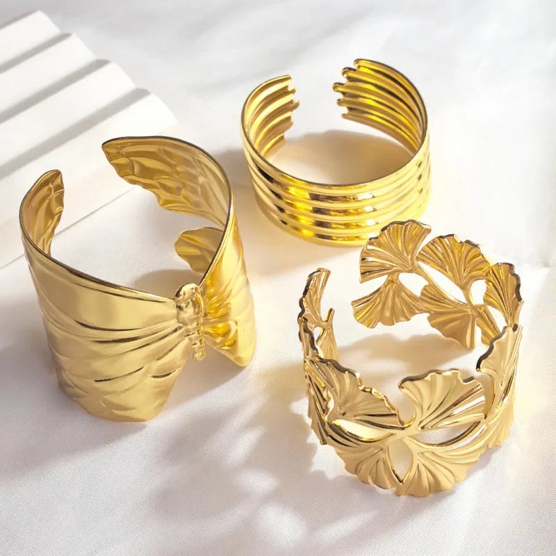 Gold Butterfly & Ginkgo Leaf Stainless Steel Bangle