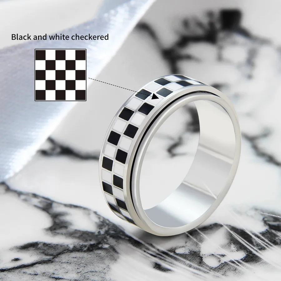 Retro Titanium Steel Geometric Couple Ring Checkerboard Rotating Ring 8mm Steel Color Q4