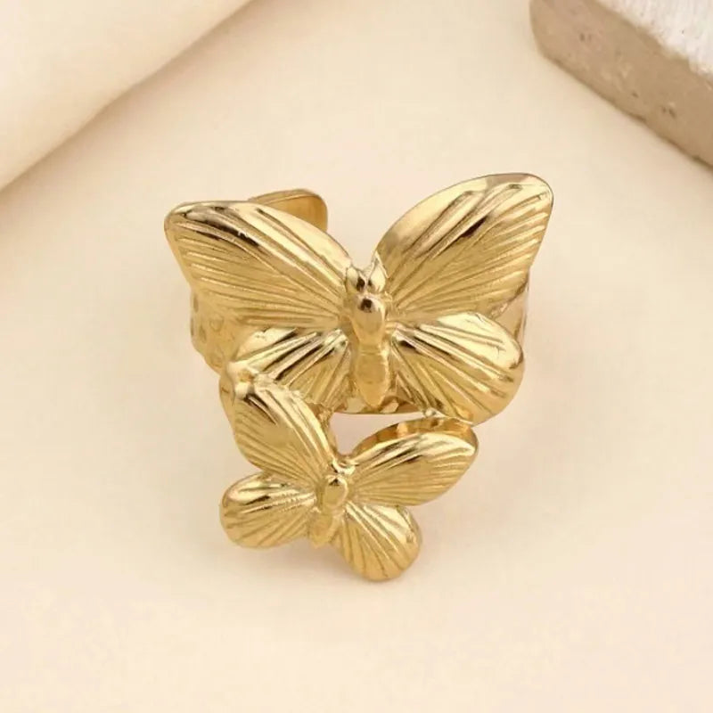 Gold Floral Butterfly Stainless Steel Ring Average Size Two Butterflies