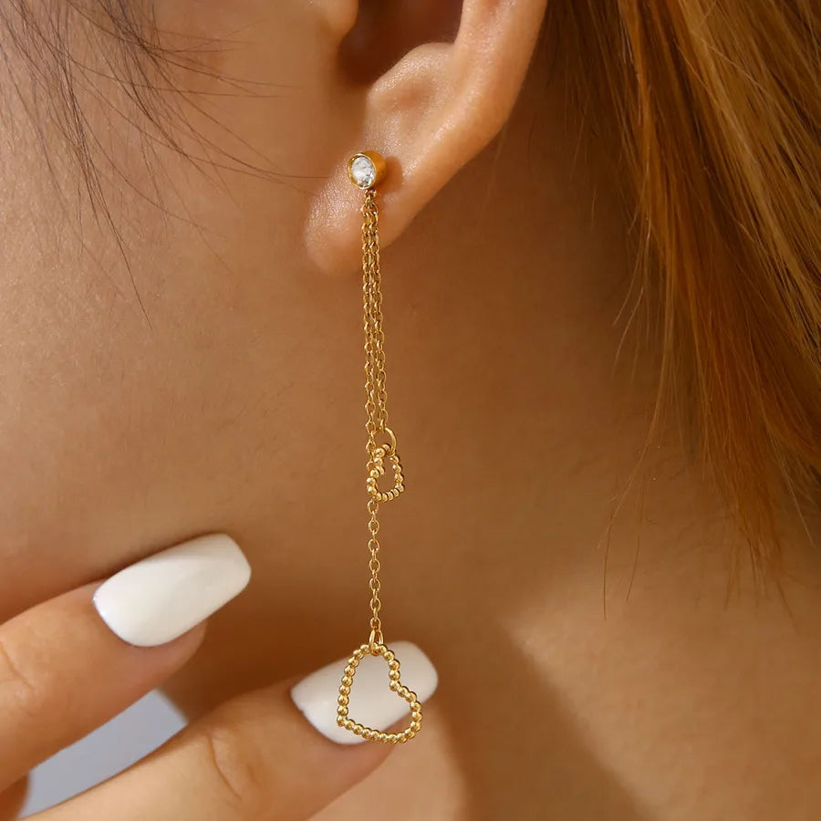 18K Gold Heart Tassel Earrings with Zircon