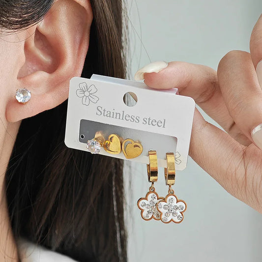 Stainless Steel Heart & Flower Zircon Earrings