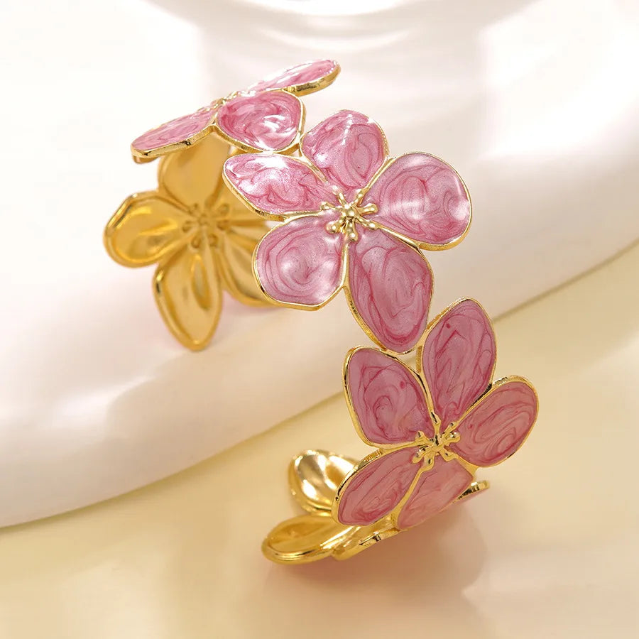 Gold Floral Enamel Stainless Steel Cuff Bracelet