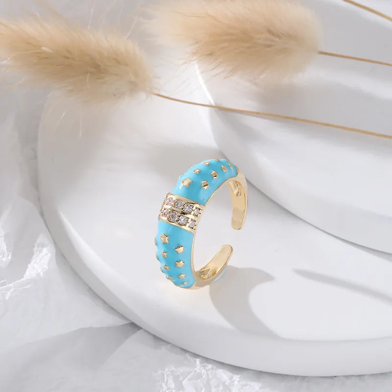 Colorful Star Titanium Steel Adjustable Ring Oil Drip Pentagram Open Ring Blue Sold Individually