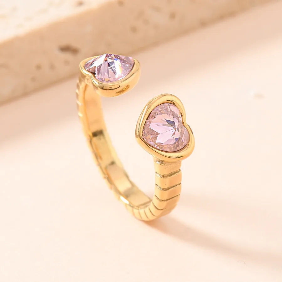 Titanium Steel Open Ring with 3D Heart & Zirconia Average Size Pink