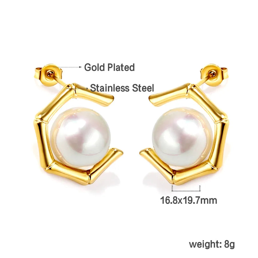 18K Gold Plated Geometric Pearl Earrings EA57400AG
