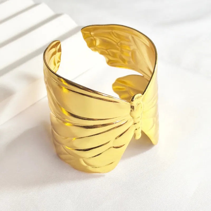 Gold Butterfly & Ginkgo Leaf Stainless Steel Bangle Butterfly