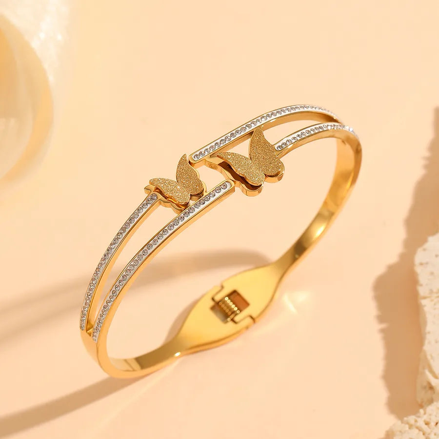 18K Gold Butterfly Bangle – Stainless Steel Double Layer Butterfly Diamond Bracelet