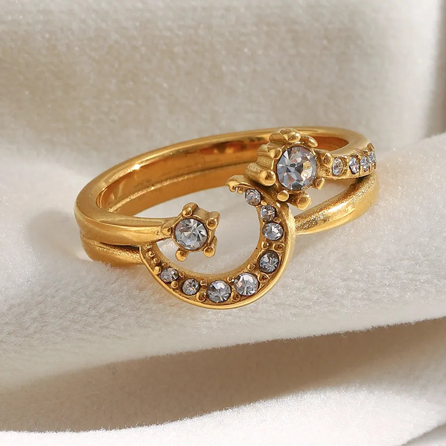 18K Gold Moon Ring with Rhinestones