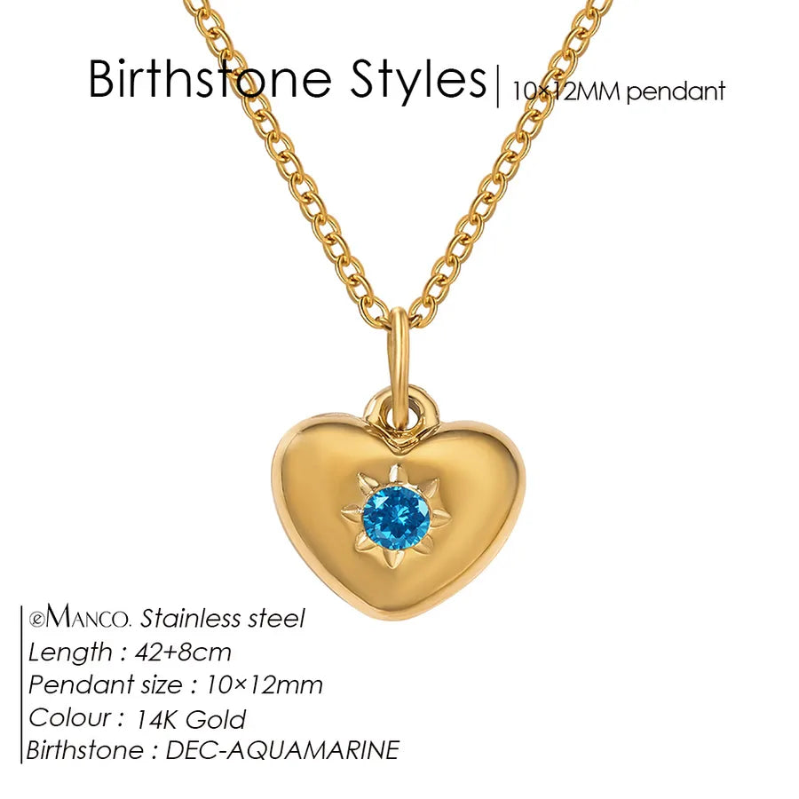 14K Gold Heart Birthstone Necklace for Women December Lake Water Blue Gold