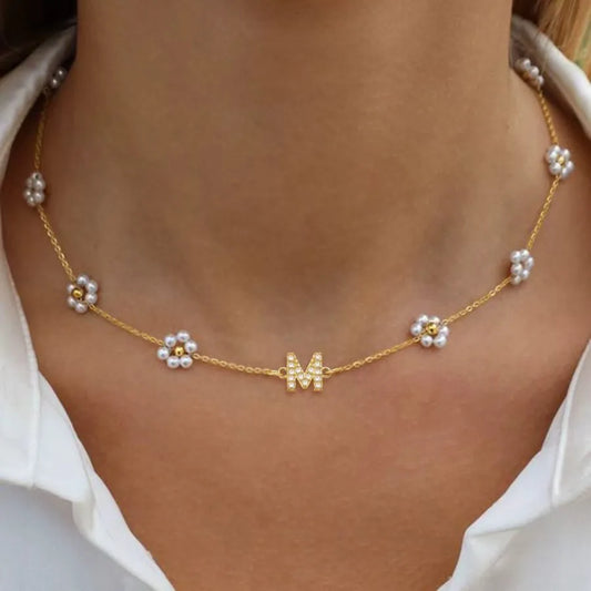 18K Gold Plated Letter Pendant Pearl Necklace