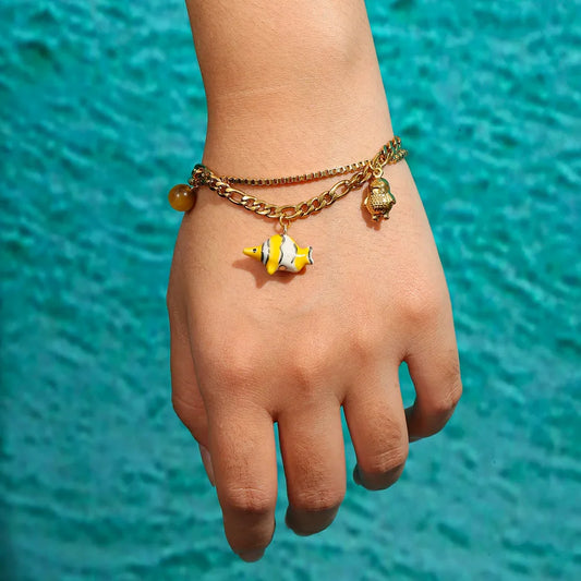 Gold Stainless Steel Bracelet with Fish & Seahorse