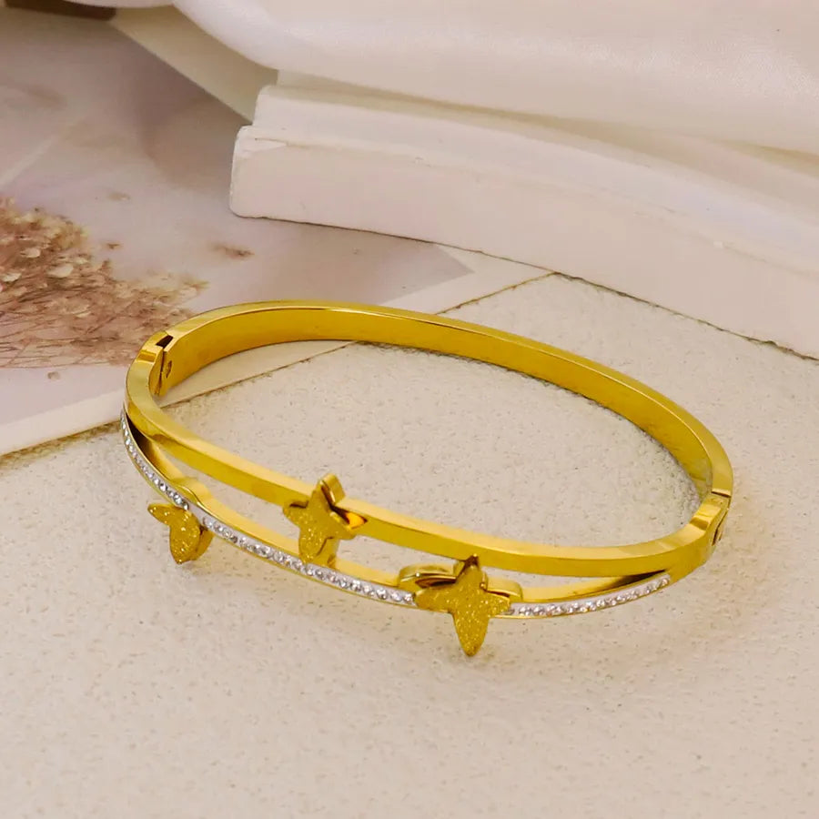 18K Gold Plated Zircon Hollow Stainless Steel Bracelet Average Size Gold Style 47