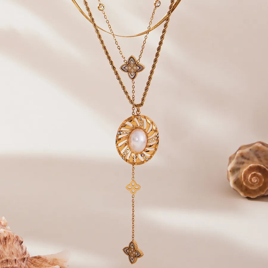 Gold Y Necklace with Zircon & Pearl Accents