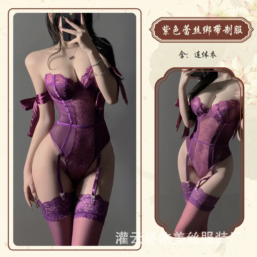 Women's Lace Lingerie Set with Stockings Purple