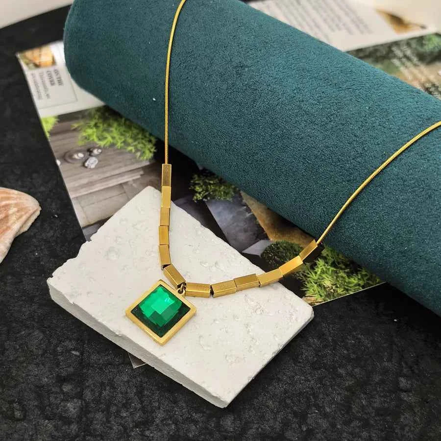 Green Zircon Geometric Titanium Steel Necklace