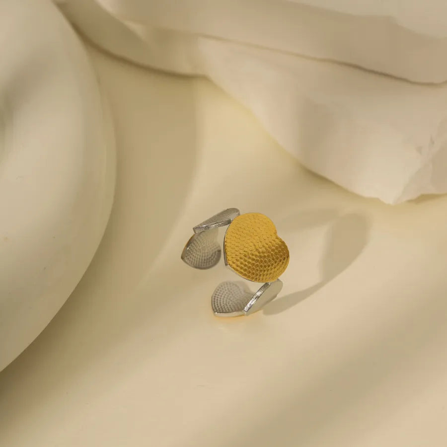 14K Gold Bow Knot Shell Open Ring Adjustable Opening Gold and Silver Two-tone Heart-shaped Wide Adjustable Open Ring