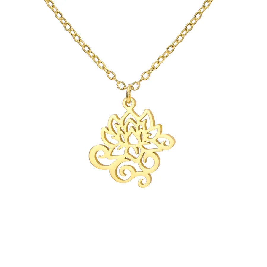 Stainless Steel Celtic Tree & Lotus Pendant Necklace Gold Curly Lotus
