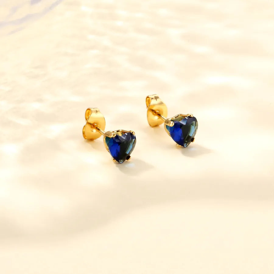 Heart-Shaped Zircon Stainless Steel Earrings Dark Blue