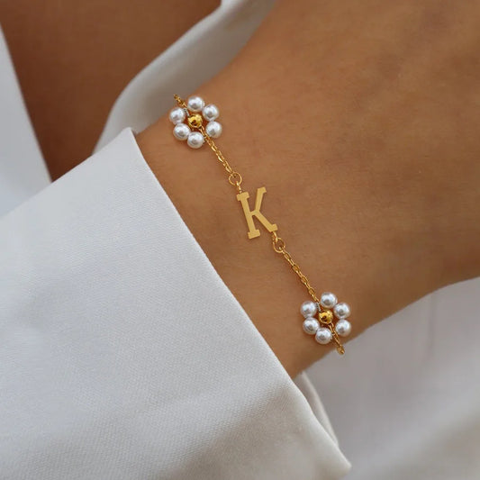 Gold Initial Pearl Bracelet – Vintage 18K Plated