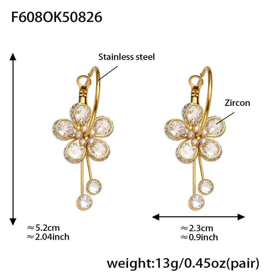 Elegant Zircon Flower Tassel Earrings in 18K Gold F608-gold Zircon Earrings