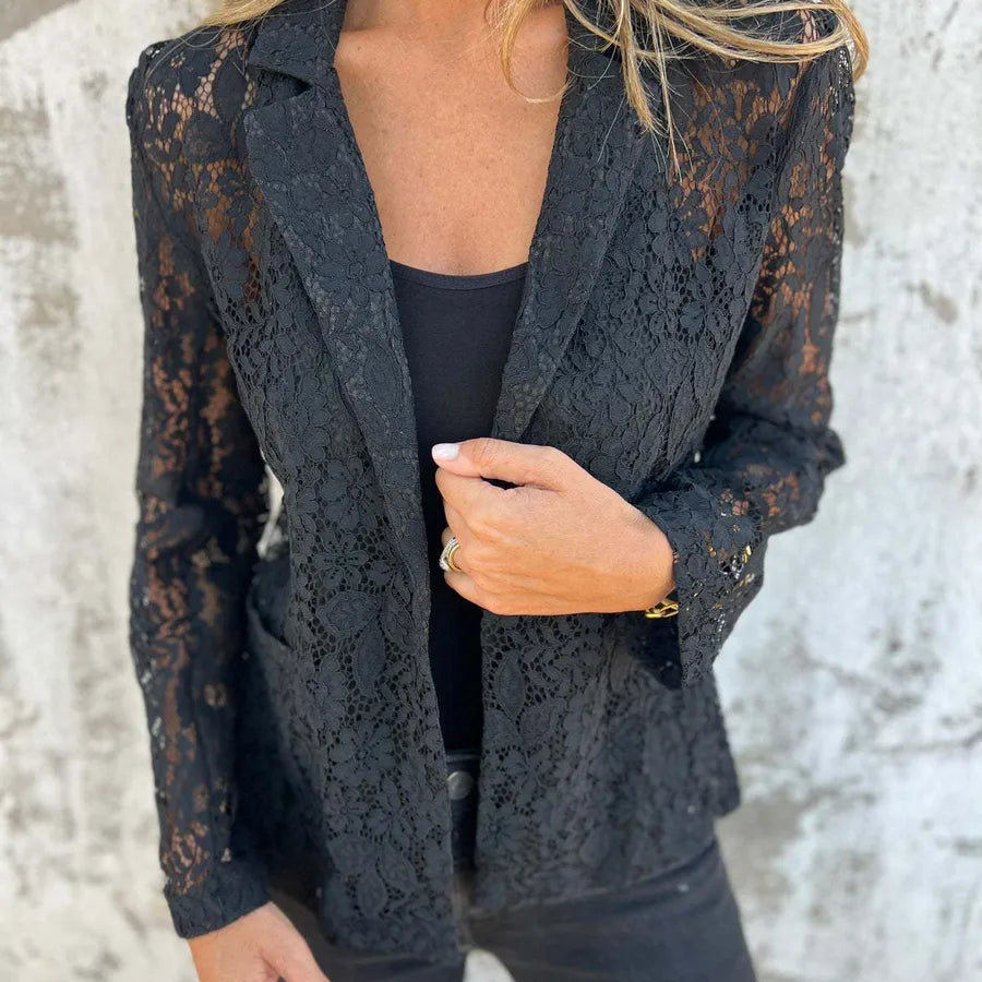 Women's Solid Color Lace Blazer Shirt Black