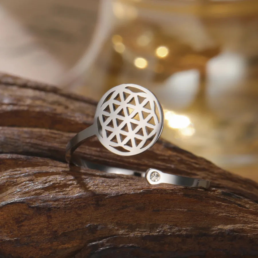 Boho Geometric Floral Open Ring – Gold Stainless Steel