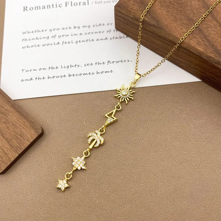 Gold Plated Sun Moon Star Pendant Necklace XL5134 Sun Star Tassel Necklace Gold