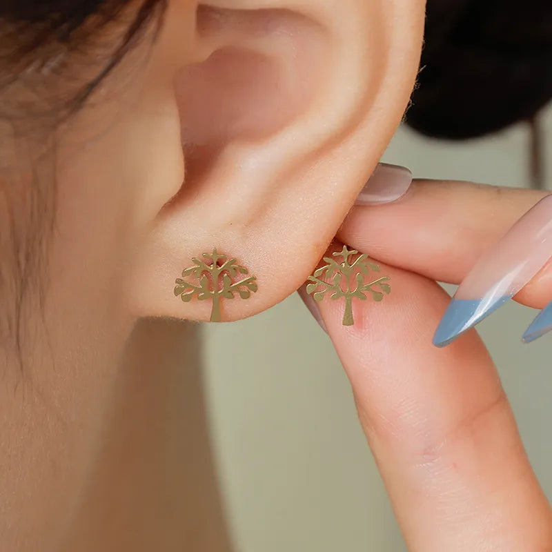 14K Gold Tree of Life Stainless Steel Stud Earrings